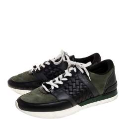 Bottega Veneta Black Intrecciato Leather and Green Suede Sneakers Size 41