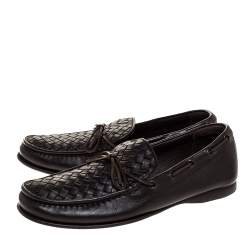 مملوكة مسبقًا Bottega Veneta Dark Brown Intrecciato Leather Bow Slip On Loafers Size 41.5