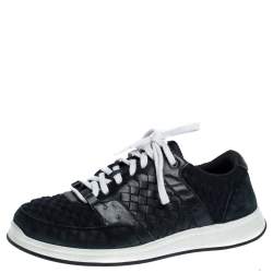 Bottega Veneta Black Intrecciato Leather, Ostrich Trim and Suede Sneakers Size 41.5