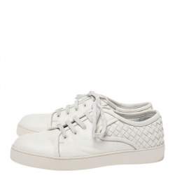 Bottega Veneta White Intrecciato Leather Low Top Sneakers Size 42.5