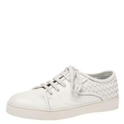 Bottega Veneta White Intrecciato Leather Low Top Sneakers Size 42.5