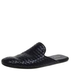 Pre Owned Bottega Veneta Black Intrecciato Leather Fiandra Flat Mules Size 46