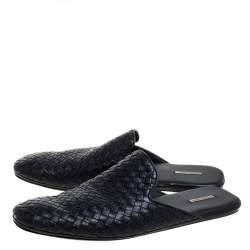 مملوكة مسبقًا Bottega Veneta Black Intrecciato Leather Fiandra Flat Mules Size 46