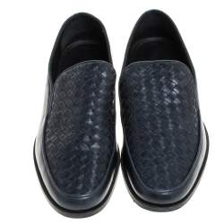 Pre Owned Bottega Veneta Navy Blue Intrecciato Leather Slip On Loafers SIZE 44.5 