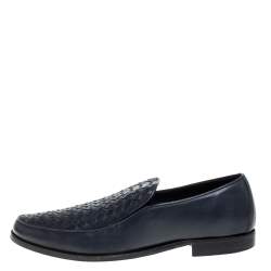 Pre Owned Bottega Veneta Navy Blue Intrecciato Leather Slip On Loafers SIZE 44.5 