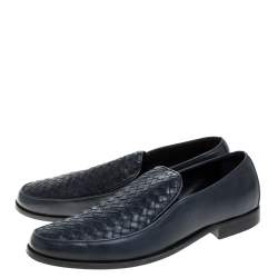 Pre Owned Bottega Veneta Navy Blue Intrecciato Leather Slip On Loafers SIZE 44.5 