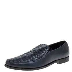 Pre Owned Bottega Veneta Navy Blue Intrecciato Leather Slip On Loafers SIZE 44.5 