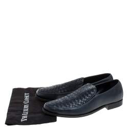 Pre Owned Bottega Veneta Navy Blue Intrecciato Leather Slip On Loafers SIZE 44.5 