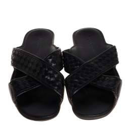 Bottega Veneta Black Intrecciato Leather Cross Strap Flat Slides Size 42.5