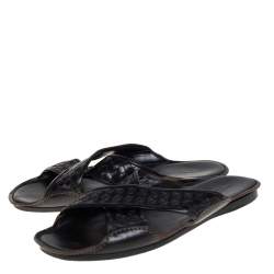 Bottega Veneta Black Intrecciato Leather Cross Strap Flat Slides Size 42.5