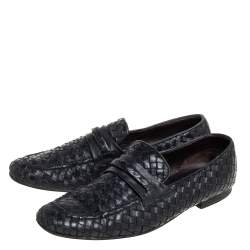 Pre Owned Bottega Veneta Black Intrecciato Leather Loafer Size 42.5