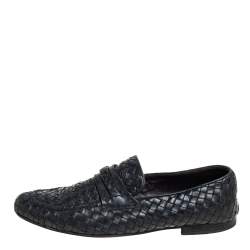 Pre Owned Bottega Veneta Black Intrecciato Leather Loafer Size 42.5