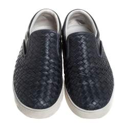 Pre Owned Bottega Veneta Black Leather Intrecciato Low Top Sneakers Size 40.5