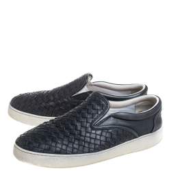 Pre Owned Bottega Veneta Black Leather Intrecciato Low Top Sneakers Size 40.5