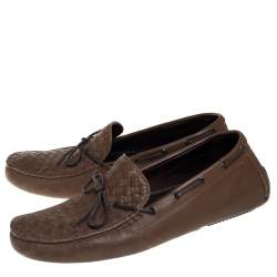 Pre Owned Bottega Veneta Brown Intrecciato Leather Bow Slip On Loafers Size 43