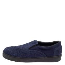 Pre Owned Bottega Veneta Navy Blue Intreciato Suede Slip on Sneakers Size 44