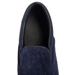 Pre Owned Bottega Veneta Navy Blue Intreciato Suede Slip on Sneakers Size 44