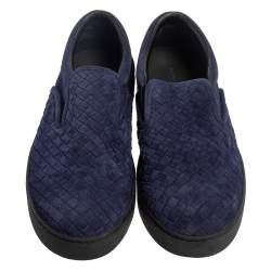 Pre Owned Bottega Veneta Navy Blue Intreciato Suede Slip on Sneakers Size 44