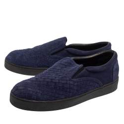 Pre Owned Bottega Veneta Navy Blue Intreciato Suede Slip on Sneakers Size 44