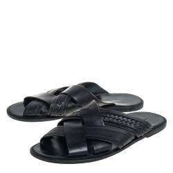 Pre Owned Bottega Veneta Black Intrecciato Leather Slide Sandals Size 42