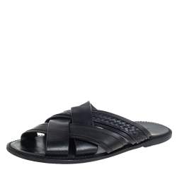 Pre Owned Bottega Veneta Black Intrecciato Leather Slide Sandals Size 42