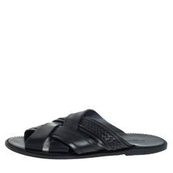 Pre Owned Bottega Veneta Black Intrecciato Leather Slide Sandals Size 42