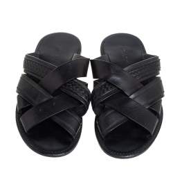 Pre Owned Bottega Veneta Black Intrecciato Leather Slide Sandals Size 42