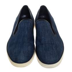 Pre Owned Bottega Veneta Blue Denim and Black Leather Trim Slip On Sneakers Size 43