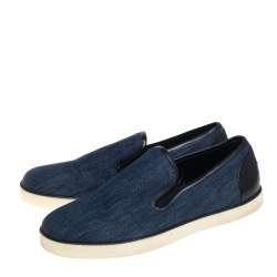 Pre Owned Bottega Veneta Blue Denim and Black Leather Trim Slip On Sneakers Size 43