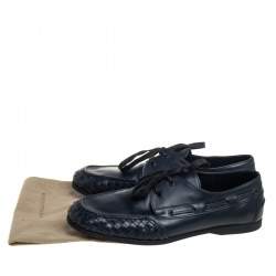 مملوكة مسبقًا Bottega Veneta Navy Blue Intrecciato and Leather Lace Up Driving Loafers Size 43