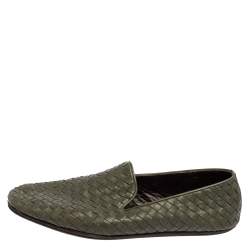 Pre Owned Bottega Veneta Green Intrecciato Leather Smoking Slippers Size 43