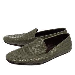 Pre Owned Bottega Veneta Green Intrecciato Leather Smoking Slippers Size 43