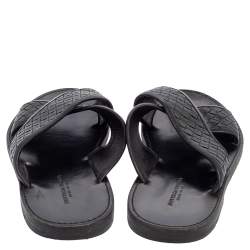 Pre Owned Bottega Veneta Black Intrecciato Leather Cross Strap Flat Slides Size 42