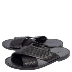 Pre Owned Bottega Veneta Black Intrecciato Leather Cross Strap Flat Slides Size 42