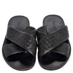 Pre Owned Bottega Veneta Black Intrecciato Leather Cross Strap Flat Slides Size 42