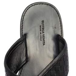 Pre Owned Bottega Veneta Black Intrecciato Leather Cross Strap Flat Slides Size 42