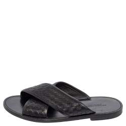 Pre Owned Bottega Veneta Black Intrecciato Leather Cross Strap Flat Slides Size 42