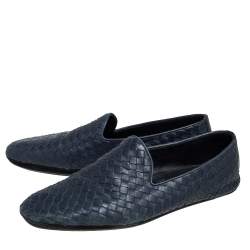Pre Owned Bottega Veneta Blue Intrecciato Leather Smoking Slippers Size 43