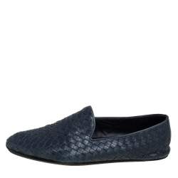 Pre Owned Bottega Veneta Blue Intrecciato Leather Smoking Slippers Size 43