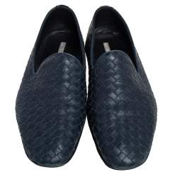 Pre Owned Bottega Veneta Blue Intrecciato Leather Smoking Slippers Size 43
