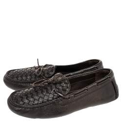 Bottega Veneta Dark Brown Intrecciato Leather Bow Slip On Loafers Size 41