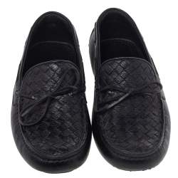 Pre Owned Bottega Veneta Black Intrecciato Leather Cervo Wave Driver Bow Slip On Loafers Size 40