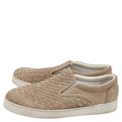 Pre Owned Bottega Veneta Beige Intrecciato Suede Slip on Sneakers Size 44