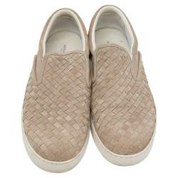 Pre Owned Bottega Veneta Beige Intrecciato Suede Slip on Sneakers Size 44