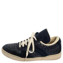 Bottega Veneta Navy Blue Intrecciato Leather and Suede Lace Up Low Top Sneakers Size 41