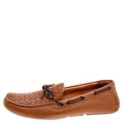 Bottega Veneta Tan Intrecciato Leather Cervo Wave Driver Bow Slip On Loafers Size 42