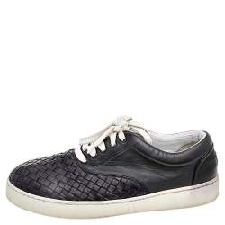 Bottega Veneta Dark Blue/Black Intrecciato Leather Low Top Sneakers Size 42