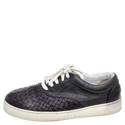 Pre Owned Bottega Veneta Dark Blue/Black Intrecciato Leather Low Top Sneakers Size 42