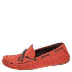 مملوكة مسبقًا Bottega Veneta Orange Intrecciato Suede Bow Slip On Loafers Size 40.5