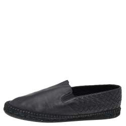 Pre Owned Bottega Veneta Black Intrecciato Leather Slip On Espadrilles Size 44